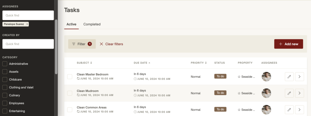 Filter household tasks by employee to easily see what's on everyone's plate