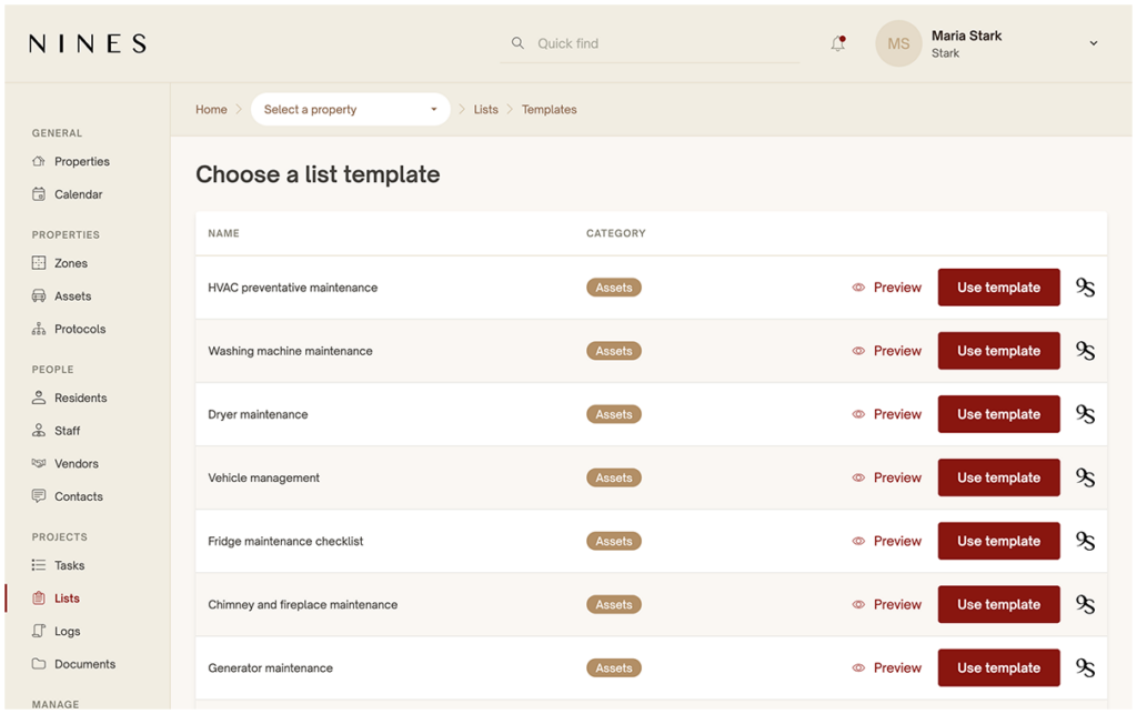An inside look at household management list templates for easier housekeeping, maintenance and more in Nines